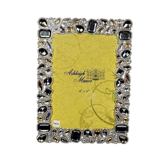 Ashleigh Manor Jeweled Photo Frame Metal Pewter Gemstone 4”x6”  Silver Gray - Picture 2 of 7